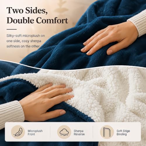 Electric Heated Blanket 62"x84" Twin Size, Dark Blue&White | Safe All Night, Dual-Sided Microplush Sherpa for Bedroom Use, 4 Heat Settings & 10 Hours Auto Off, Machine Washable - color: 09-darkbule, size: Twin(62"x84")