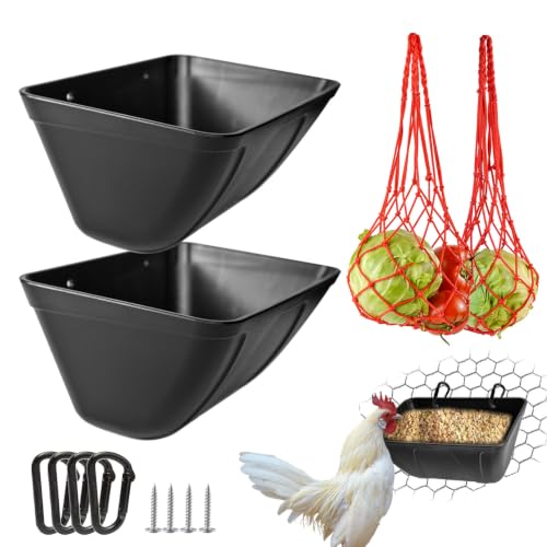 2 Hanging Feed Troughs & 2 Veggie Feeder for Chickens, Goats, Ducks - color: Charcoal