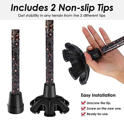 Walking Cane PANZHENG Cane for Man/Woman | Mobility & Daily Living Aids | 5-Level Height Adjustable Walking Stick | Comfortable Plastic T-Handle Portable Walking Stick Folding Cane - color: balck flower