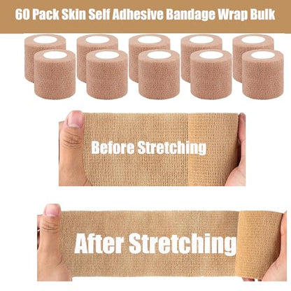 54 Pack Skin Self Adhesive Bandage Wrap Bulk 4 Inch x 5 Yards Cohesive Bandage,Vet Wrap Breathable Elastic Self-Adherent Tape for Stretch Athletic Sports Wrist Ankle Dogs Pet Vet Wrap - color: Skin