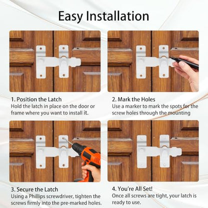 4.5" White Gate Latch, Heavy Duty SUS304 Stainless Steel Flip Latch Door Lock, 3mm 50% Thicker with White Screws & Driver Bit for Fence, Barn Door, Sliding & French Doors