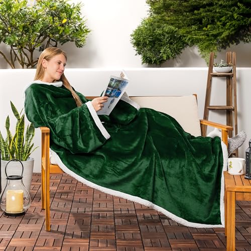 PAVILIA Sherpa Wearable Blanket with Sleeves and Pocket, Plush Thick Cozy Body Blanket Wrap for Adult Women Men, Christmas Gift for Wife Mom, Dark Green - color: Emerald Green