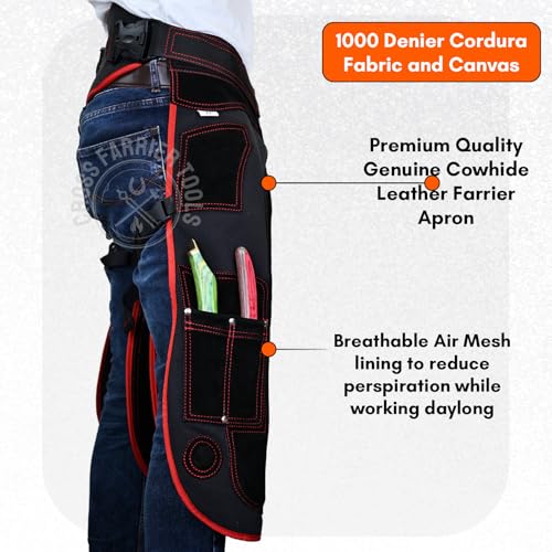 – Premium Cowhide Leather Farrier Apron | Adjustable Waist | Breathable Air Mesh Lining, Foam Knee Pads, Magnets & Knife Pockets | Professional Hoof Trimming Chaps (70cm - 27inch) - color: Red- Black, size: 70cm - 27inch
