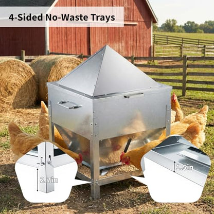 Automatic Chicken Feeder, 80lb Large Capacity Chicken Feeder, No Waste Gravity Poultry Feeder with Legs and Rain Proof Lid, Metal Outdoor Poultry Feeders for Hens, Ducks, Roosters, Free-Range Coops