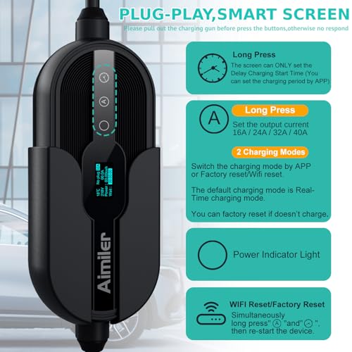 AIMILER Level 2 Electric Vehicle (EV) Charger(WiFi APP/Plug-Play), 40A, 25ft Cable ETL Certified, 220V-240V NEMA 14-50P Plug EVSE w/ J1772 Connector, Portable EV Car Charging Stations (Jet) - color: Jet Black