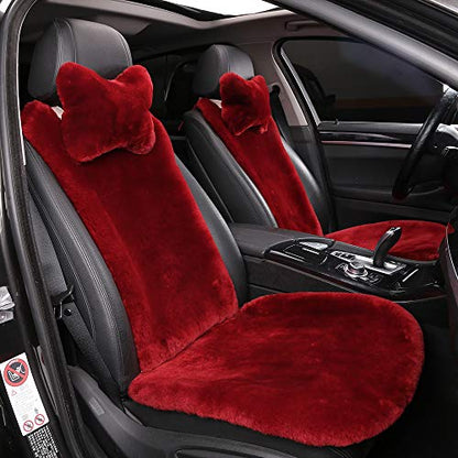 OGLAND Fuzzy Sheepskin Car Seat Cover for Soft Fur Fluffy Auto Wool Cushion - color: Red