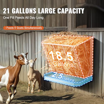 Happybuy Goat Hay Feeder, 21 Gallons Large Capacity, 2 in 1 Hay and Grain Feeder, Wall Mounted Livestock Feeder with Feed Tray, Multiple Sided Goat Hay Rack, Sturdy Steel Hay Rack for Sheep Horses