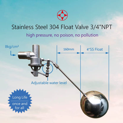 304 Stainless Steel Balanced Float Ball Valve, Tank Mount, 100 Psi (3/4") - size: 0.75 Inch