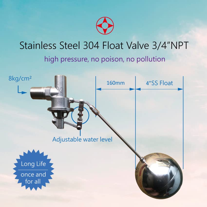 304 Stainless Steel Balanced Float Ball Valve, Tank Mount, 100 Psi (3/4") - size: 0.75 Inch