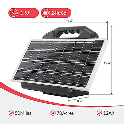 S1500 1.5 Joule Solar Electric Fence Energizer for Livestock, Horses, Cattle, Sheep - 50 Miles, 15W Solar Panel, Easy Installation - size: S1500