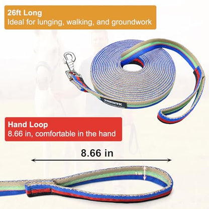 26ft/8m Horse Lunge Line & Long Dog Training Leash, 360° Swivel Snap - color: Gray-Green-Blue