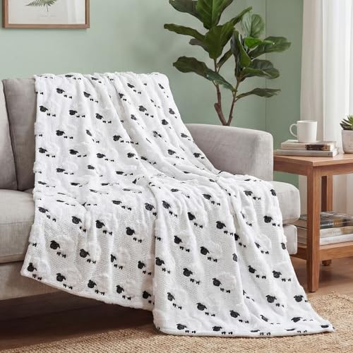 Tudomro 50x60'' Cute Sheep Throw Blanket, 3D Embroidered Black-Faced Sheep Spring Plush Faux Fur Blanket, Easter Farmhouse Cozy Throw for Sofa Couch Bed Home Decor - style: White Sheep
