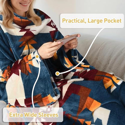 Catalonia Wearable Blanket with Sleeves & Foot Pocket for Adults - color: Southwest Blue, size: Fleece