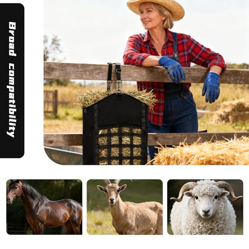 2 Pack Hay Bags for Horses,Goats,Sheep, Horse Hay Nets with Adjustable Straps, Large Top Opening Hook-and-Loop Seals, Durable Hay Feeder for Equine & Livestock