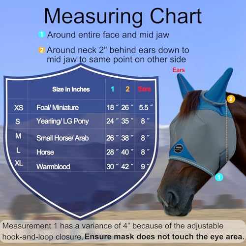 Horse Fly Mask with Ears, UV Block Breathable Mesh (Grey, M) | Large Eye Space, No Rub, High-Vis Color, Stay-in-Place Strap, Durable Mesh, Turnout Pasture & Daily Use - size: M
