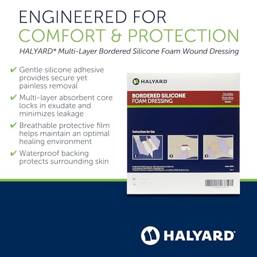 HALYARD Multi-Layer Bordered Silicone Foam Wound Dressing Sacral Bandage Gentle Adhesive Superabsorbent Core Conformable & Breathable Water Resistant Protective Film Backing, 7 Inches x 6.5 Inches - size: 7"x6.5"