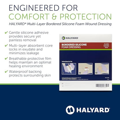 HALYARD Multi-Layer Bordered Silicone Foam Wound Dressing Sacral Bandage Gentle Adhesive Superabsorbent Core Conformable & Breathable Water Resistant Protective Film Backing, 7 Inches x 6.5 Inches - size: 7"x6.5"