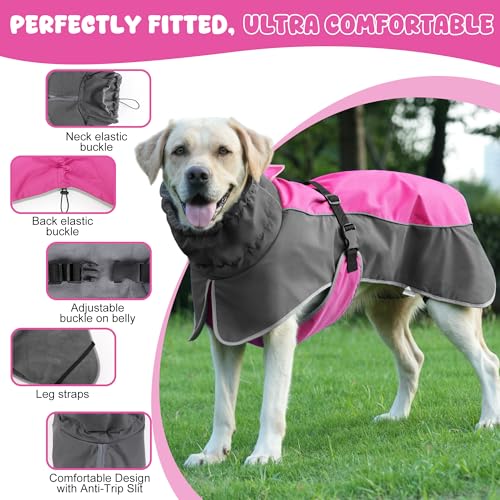 Dog Raincoat, Waterproof Dog Coat with Polar Fleece Lining - color: Pink, size: Large
