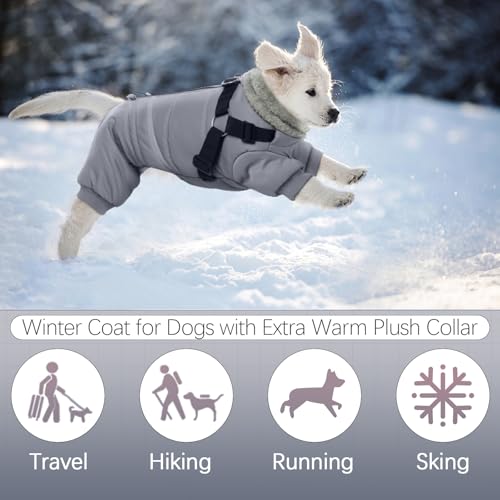 BRKURLEG Grey Dog Winter Coat, Cozy Winter Dog Jackets, Small Dogs Coat with Harness, Onesie Body Warm Puppy Jacket, Pet Reflective Windproof Cold Weather Jackets, Puppy Four-Legged Puffer Coats, L - color: Grey, size: Large