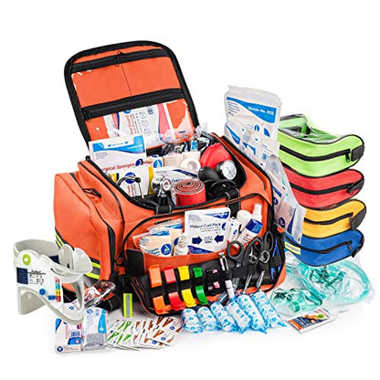 Scherber Fully-Stocked First Responder Professional Advanced EMT/EMS Trauma Kit | HSA/FSA Approved | Reflective Bag w/10+ Compartments, Zippered Pockets & 250+ First Aid Supplies (Orange) - color: Orange