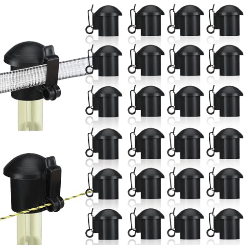 DoubleFill 24 Pcs Electric Fence Insulators and T Post Safety Cap, Black | T Post Safety Topper, Plastic Insulators for Wood Posts, Wire Holding Fencing, Garden Farm, Highway Sport Fence Supplies - color: Black