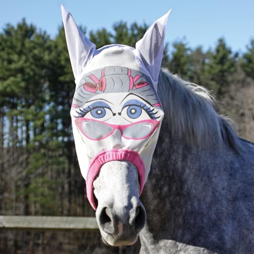 Schneiders Dura-Mesh Designer Fly Horse Masks | Fun Patterns & 70% UV Protection | Durable 1000D Mesh with Ear Coverage & Fleece Comfort - color: Pink, style: Granny
