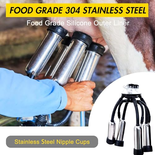 Electric Cow Milking Machine, 6.6 gal / 25 l Automatic Pulsation Vacuum Milker, Bucket Milker, Portable Milking Equipment with Stainless Steel Bucket and Food-Grade Silicone Cups and Tubes