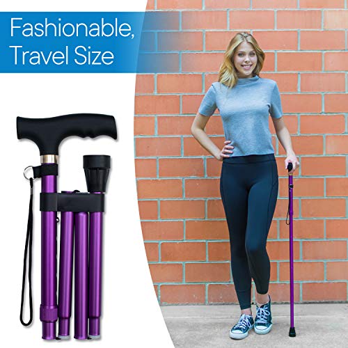 RMS Folding Cane, Adjustable, Lightweight Offset Walking Cane | Aluminum Collapsible Walking Stick with Ergonomic Derby Handle, cane folds for travel and storage - color: Lavender
