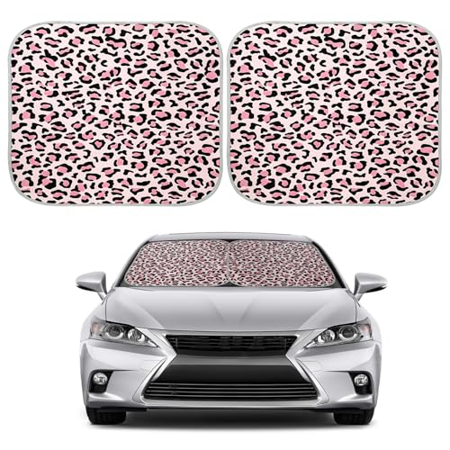 2 PCS Car Front Windshield Shade, Leopard Auto Windshield Sunshade Foldable Sun Blocker to Keep Your Vehicle Cool, Front Windscreen Sun & Heat Protection Cover for Most Vehicles (Pink) - color: Pink