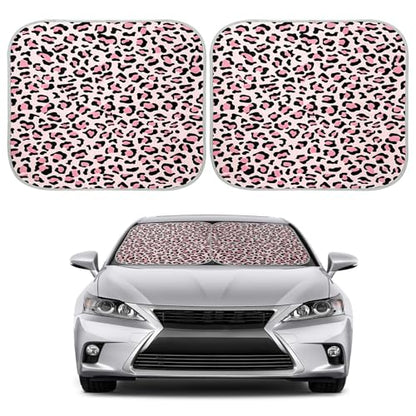 2 PCS Car Front Windshield Shade, Leopard Auto Windshield Sunshade Foldable Sun Blocker to Keep Your Vehicle Cool, Front Windscreen Sun & Heat Protection Cover for Most Vehicles (Pink) - color: Pink