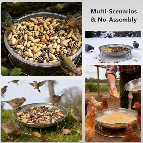 13-Inch Ground Bird Feeder and Bath Combo, Stainless Steel Feeding Platform for Birds & Squirrels, with Dual Birdseed Mesh Trays, Birdbath, Attracting Creatures to Backyard, Patio - color: bird feeder & bath combo