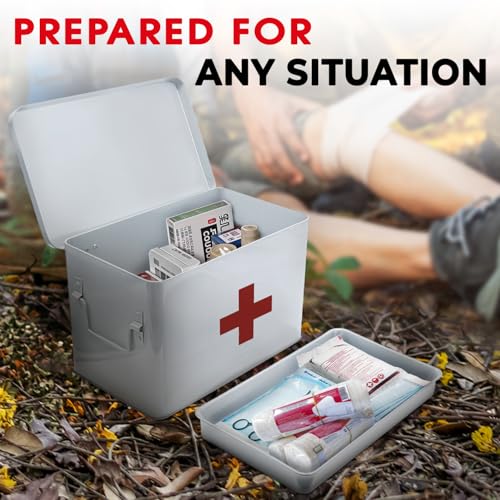 Plexon 8.5" Metal First Aid Box Empty, Medicine Storage Bin with Lid, Emergency Supplies Organizer, Portable First Aid Kit Case, White - color: White