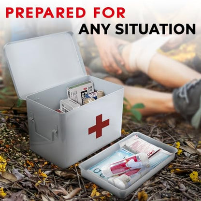 Plexon 8.5" Metal First Aid Box Empty, Medicine Storage Bin with Lid, Emergency Supplies Organizer, Portable First Aid Kit Case, White - color: White