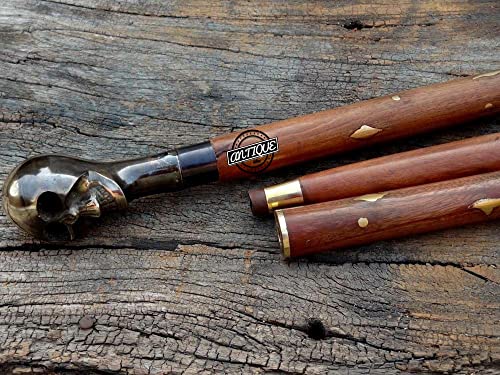 Brass Handle Victorian Telescope Foldable Wooden Walking Stick Cane Ideal Vintage Gift Men Women Father/Mother - style: Skull