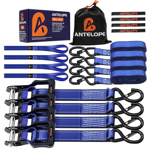 A ANTELOPE 4 Pack 1" x 15' Ratchet Tie Down Straps with S Hooks, Blue - color: Blue, size: 4PK-1 in