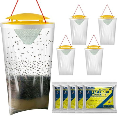 Qualirey 5 Pack Large Fly Bags with Bait, Outdoor Disposable Hanging Flies Traps, Non Toxic Fly Trap Bag, Flies Catcher Killer Helps Control Houseflies in Backyard, Ranch, Orchard, Barns, Farm