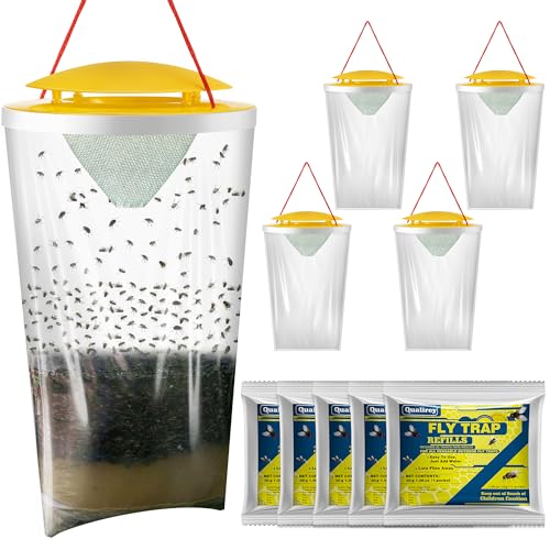 Qualirey 5 Pack Large Fly Bags with Bait, Outdoor Disposable Hanging Flies Traps, Non Toxic Fly Trap Bag, Flies Catcher Killer Helps Control Houseflies in Backyard, Ranch, Orchard, Barns, Farm