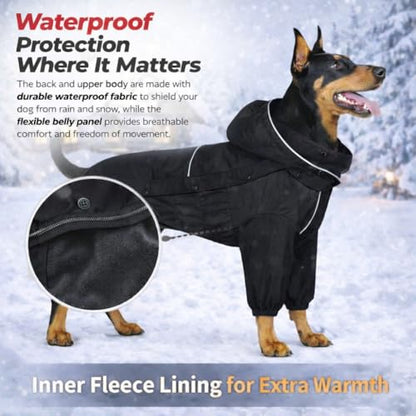 LOVELONGLONG Fleece-Lined Dog Raincoat with Removable Hood – Waterproof Winter Full Body Dog Jacket – Windproof Snowproof Cold-Weather Suit – Black-F S - color: Black-Fleeced, size: S (Back 11.5")