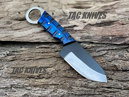 TAC KNIVES 7'' Full Tang Fixed Blade Outdoor Camping Hunting Knife In Sheath Gift For Him | 1095 High Carbon Steel Knife | SKINNER Gift | Cowboy knives | Pancake leather sheath (BLUE) - color: BLUE