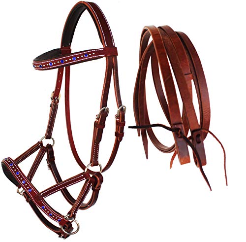Horse Western Leather Beaded Bitless Sidepull Bridle Reins Rhinestone - color: Mahogany/Royal Blue