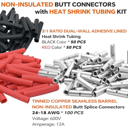 SVAAR 100PCS 24-18 Gauge Non Insulated Butt Connectors 24-18 AWG Uninsulated Butt Splices Tinned Copper Marine Grade Seamless Barrel Crimp Butt Splice Terminals & 100PCS 3:1 Adhesive Lined Heat Shrink - size: 24-18 AWG