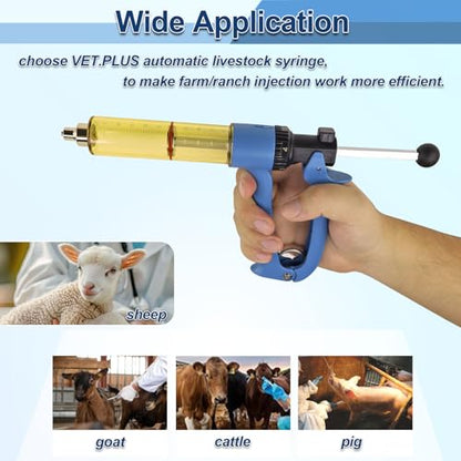 VET.PLUS 50ML Automatic Livestock Syringe for Cow Goat Hog Sheep with Two Tubes, Continuous Repeating Cattle Vaccine Gun, Dose Adjustable Luer Lock Interface Syringe - size: 2 Tubes (50ML)