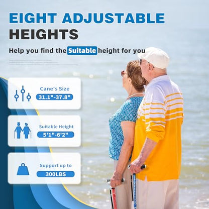 BeneCane Walking Cane for Women Folding Cane for Men with Two Led Lights Quad Cane with Stable Base Lightweight and Adjustable Walking Stick - color: Carved Blue