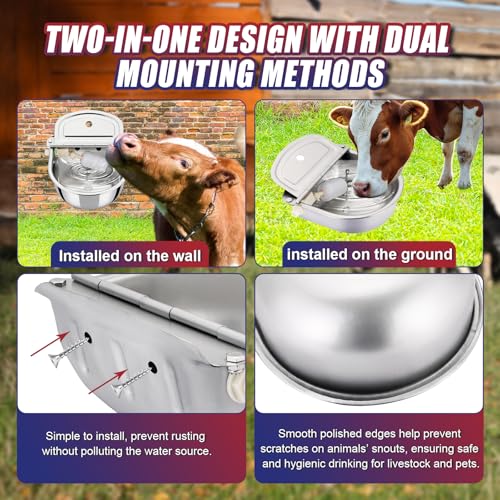 NYXOVA Automatic Animal Drinking Water Bowl, 304 Stainless Steel Livestock Waterer with Float Valve for Horse, Cattle, Goat, Sheep, Pig and Dog（with Drainage Hole）