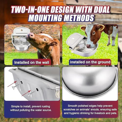 NYXOVA Automatic Animal Drinking Water Bowl, 304 Stainless Steel Livestock Waterer with Float Valve for Horse, Cattle, Goat, Sheep, Pig and Dog（with Drainage Hole）