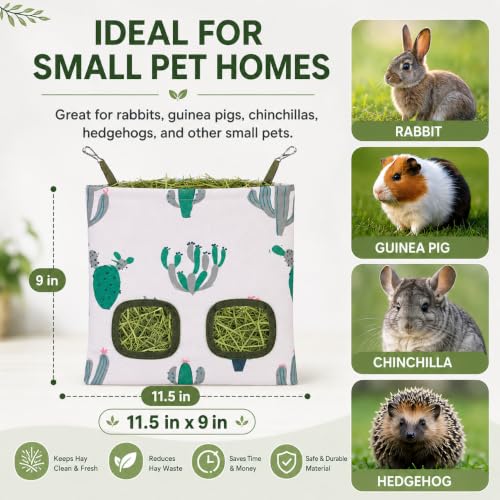 Rabbit Hay Feeder, Guinea Pig Hay Holder & Bunny Hay Feeder – Durable Hanging Hay Bag for Rabbits Chinchillas Guinea Pigs Bunnies – Chew-Resistant Hay Holder for Small Animals (Cactus) - color: Cactus