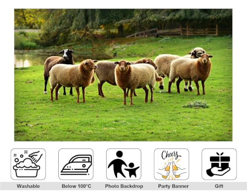 5x3ft Fabric Grassland Sheep Herd Backdrop Group of Wool Sheep Green Pasture Pond Forest Farm Scene Photography Background Tapestry for Farm Animal Decorations Photo Booth Props - size: 5x3ft