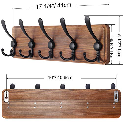 SKOLOO Rustic Coat Rack Wall Mount, 16" Stud Spacing, Solid Wood, Brown - color: Brown Plate & Black Hook, size: 1 Item-5 Hooks