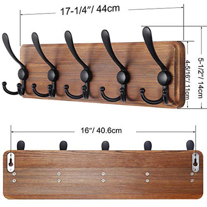 SKOLOO Rustic Coat Rack Wall Mount, 16" Stud Spacing, Solid Wood, Brown - color: Brown Plate & Black Hook, size: 1 Item-5 Hooks