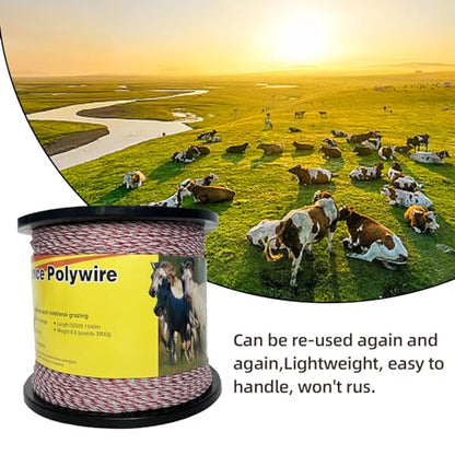 Upgraded Electric Fence Polywire,Fence Rope 6 Stainless Steel Strands for Reliable Conductivity and Rust Resistance UV Rust Resistant, 5050 Feet/1540 Meters,Red and White Color